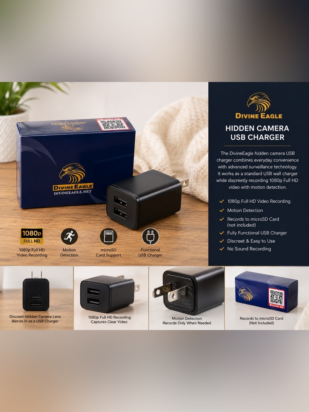 Divine Eagle Hidden Camera USB Charger 1080p Motion Detection Brand New